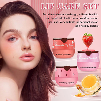LZXLUKGIR 4PCS Lip Scrub and Mask Set - Strawberry & Honey Pot Lip Balm, Exfoliating Lip Scrub, Moisturizing Lip Mask, Reduce Lip Lines, Repair Dry Lips