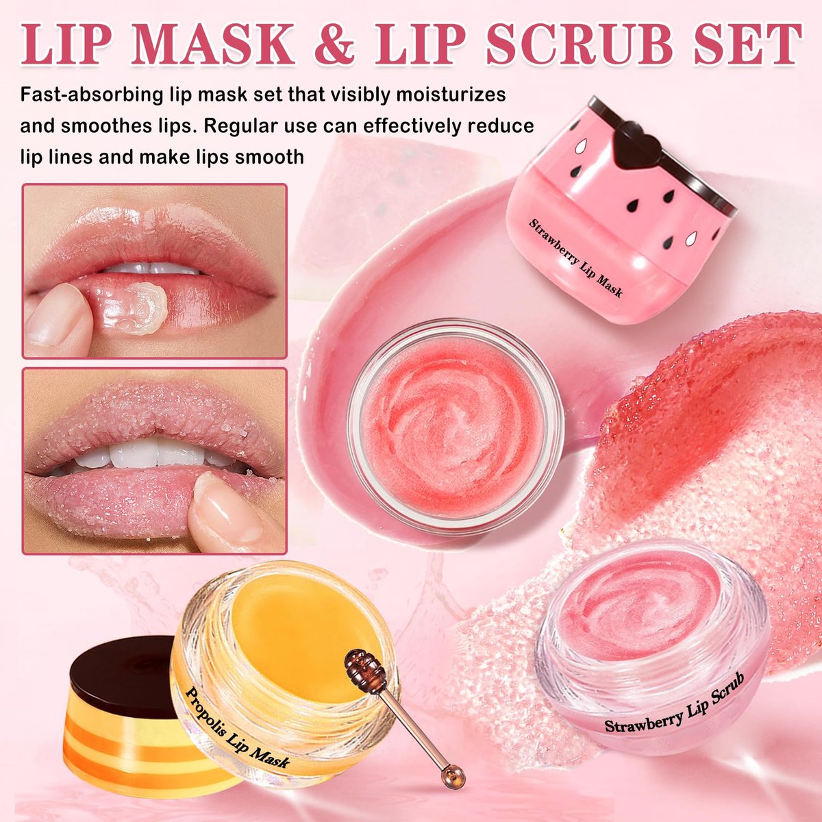 LZXLUKGIR 4PCS Lip Scrub and Mask Set - Strawberry & Honey Pot Lip Balm, Exfoliating Lip Scrub, Moisturizing Lip Mask, Reduce Lip Lines, Repair Dry Lips - görsel 4