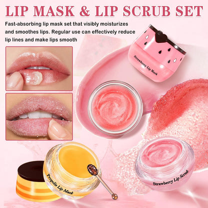LZXLUKGIR 4PCS Lip Scrub and Mask Set - Strawberry & Honey Pot Lip Balm, Exfoliating Lip Scrub, Moisturizing Lip Mask, Reduce Lip Lines, Repair Dry Lips