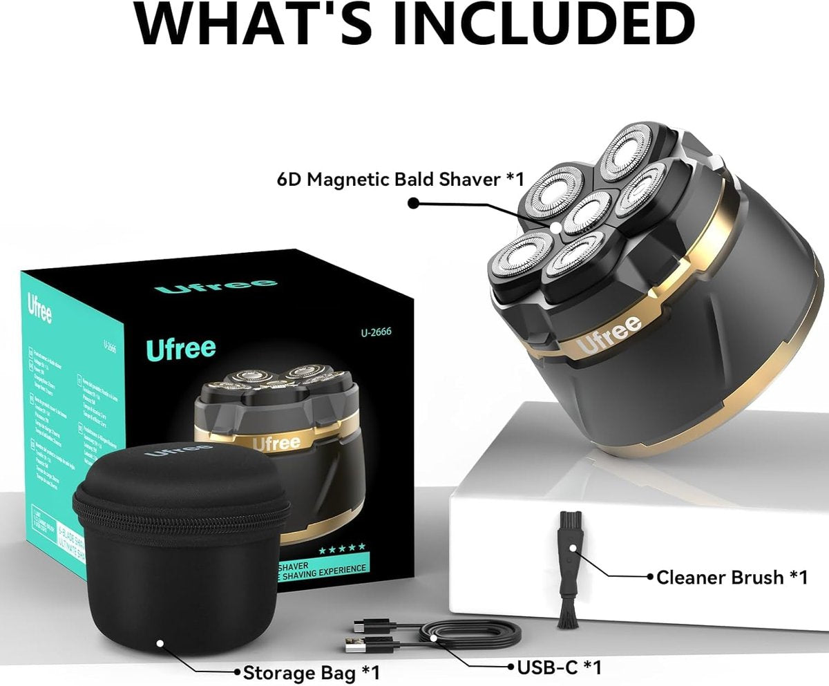 Ufree Head Shaver for Bald Men - Waterproof Electric Razor with LED Display, Detachable Rotary Blade, Wet/Dry, Travel Pouch Avelisse