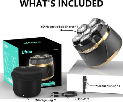 Ufree Head Shaver for Bald Men - Waterproof Electric Razor with LED Display, Detachable Rotary Blade, Wet/Dry, Travel Pouch Avelisse