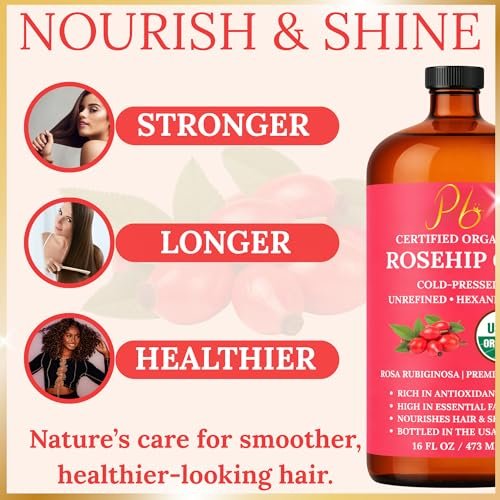 USDA Organic Rosehip Oil – 100% Pure, Cold-Pressed & Unrefined Face Oil for Skin & Hair – 16 fl oz Glass Bottle Avelisse