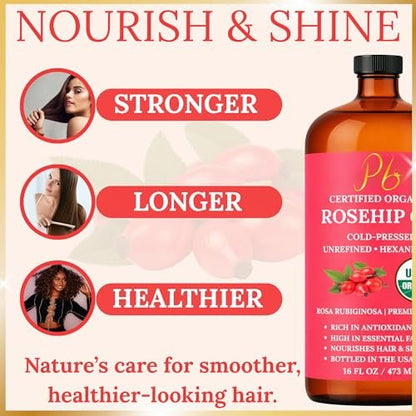 USDA Organic Rosehip Oil – 100% Pure, Cold-Pressed & Unrefined Face Oil for Skin & Hair – 16 fl oz Glass Bottle Avelisse