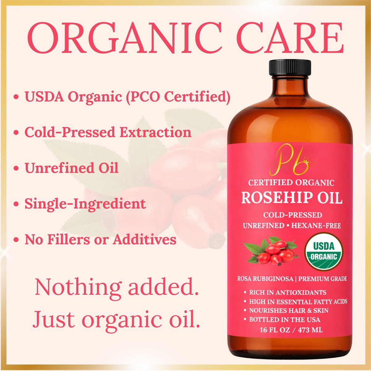 USDA Organic Rosehip Oil – 100% Pure, Cold-Pressed & Unrefined Face Oil for Skin & Hair – 16 fl oz Glass Bottle Avelisse