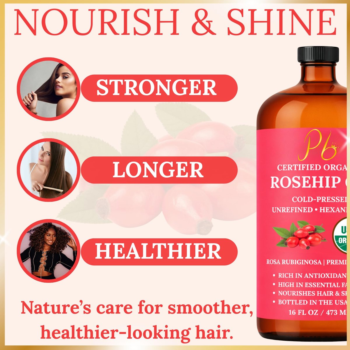 USDA Organic Rosehip Oil – 100% Pure, Cold-Pressed & Unrefined Face Oil for Skin & Hair – 16 fl oz Glass Bottle Avelisse