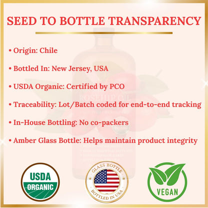 USDA Organic Rosehip Oil – 100% Pure, Cold-Pressed & Unrefined Face Oil for Skin & Hair – 16 fl oz Glass Bottle Avelisse