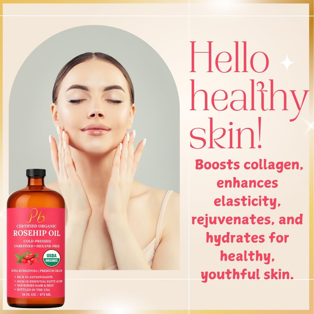USDA Organic Rosehip Oil – 100% Pure, Cold-Pressed & Unrefined Face Oil for Skin & Hair – 16 fl oz Glass Bottle Avelisse
