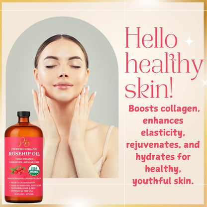 USDA Organic Rosehip Oil – 100% Pure, Cold-Pressed & Unrefined Face Oil for Skin & Hair – 16 fl oz Glass Bottle Avelisse