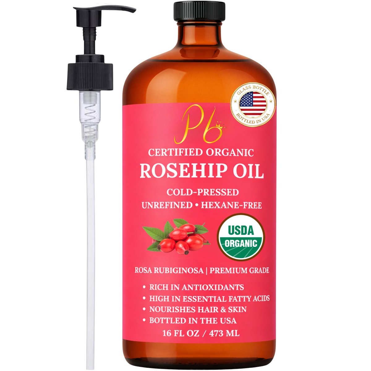 USDA Organic Rosehip Oil – 100% Pure, Cold-Pressed & Unrefined Face Oil for Skin & Hair – 16 fl oz Glass Bottle Avelisse