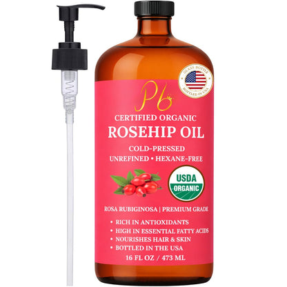 USDA Organic Rosehip Oil – 100% Pure, Cold-Pressed & Unrefined Face Oil for Skin & Hair – 16 fl oz Glass Bottle Avelisse