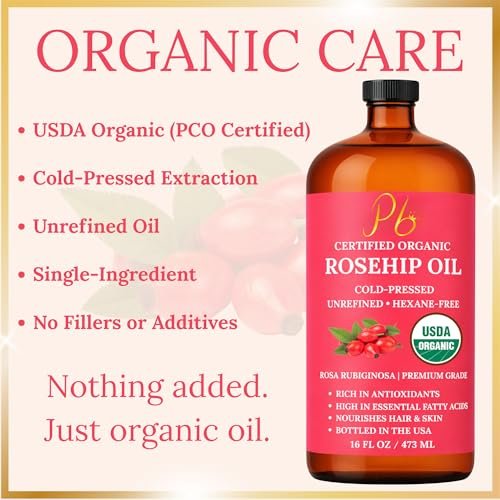 USDA Organic Rosehip Oil – 100% Pure, Cold-Pressed & Unrefined Face Oil for Skin & Hair – 16 fl oz Glass Bottle Avelisse