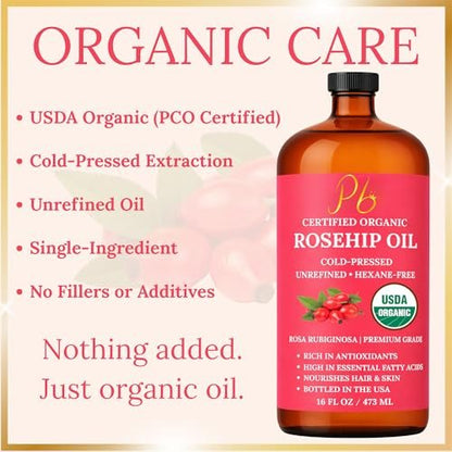 USDA Organic Rosehip Oil – 100% Pure, Cold-Pressed & Unrefined Face Oil for Skin & Hair – 16 fl oz Glass Bottle Avelisse