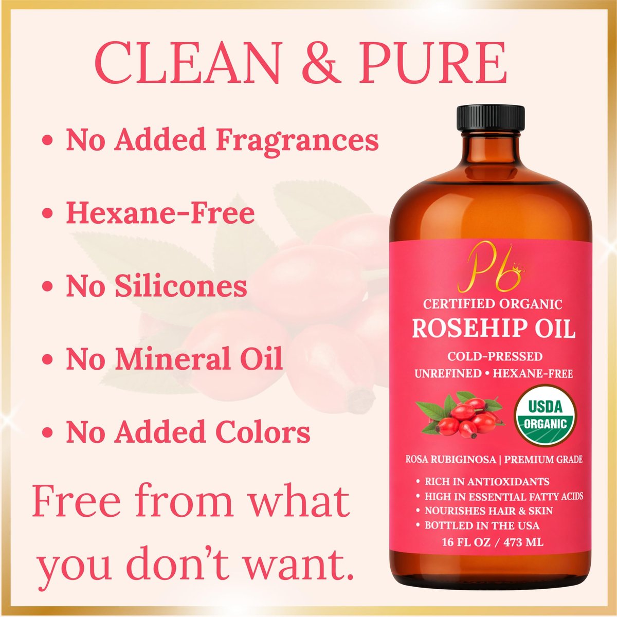 USDA Organic Rosehip Oil – 100% Pure, Cold-Pressed & Unrefined Face Oil for Skin & Hair – 16 fl oz Glass Bottle Avelisse