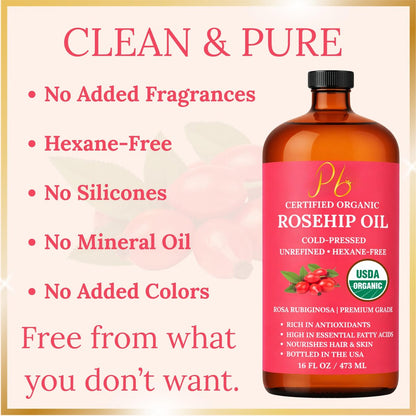 USDA Organic Rosehip Oil – 100% Pure, Cold-Pressed & Unrefined Face Oil for Skin & Hair – 16 fl oz Glass Bottle Avelisse