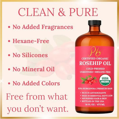 USDA Organic Rosehip Oil – 100% Pure, Cold-Pressed & Unrefined Face Oil for Skin & Hair – 16 fl oz Glass Bottle Avelisse