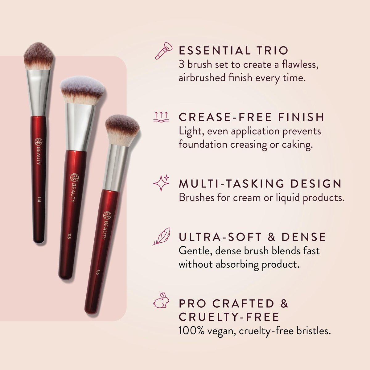 BK Beauty Core Complexion Trio Makeup Brushes Set (3PC) – Foundation, Concealer, and Blending Brushes for Liquid, Cream & Powder – Vegan, Cruelty-Free, Ultra-Soft Face Makeup Brushes Avelisse