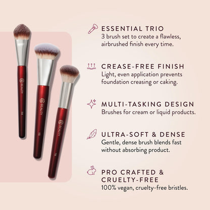 BK Beauty Core Complexion Trio Makeup Brushes Set (3PC) – Foundation, Concealer, and Blending Brushes for Liquid, Cream & Powder – Vegan, Cruelty-Free, Ultra-Soft Face Makeup Brushes Avelisse