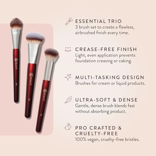 BK Beauty Core Complexion Trio Makeup Brushes Set (3PC) – Foundation, Concealer, and Blending Brushes for Liquid, Cream & Powder – Vegan, Cruelty-Free, Ultra-Soft Face Makeup Brushes Avelisse