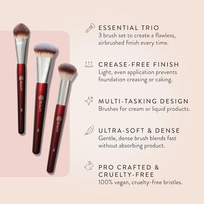 BK Beauty Core Complexion Trio Makeup Brushes Set (3PC) – Foundation, Concealer, and Blending Brushes for Liquid, Cream & Powder – Vegan, Cruelty-Free, Ultra-Soft Face Makeup Brushes Avelisse