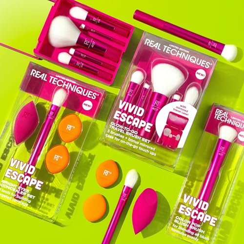 Real Techniques Vivid Escape Glow-To-Go Travel Makeup Brush 6 Piece Set, Mini Size Makeup Brushes for Eyeshadow, Concealer, Contour, & Blush, Includes Mirror Cosmetic Case, Cruelty-Free & Vegan - görsel 14