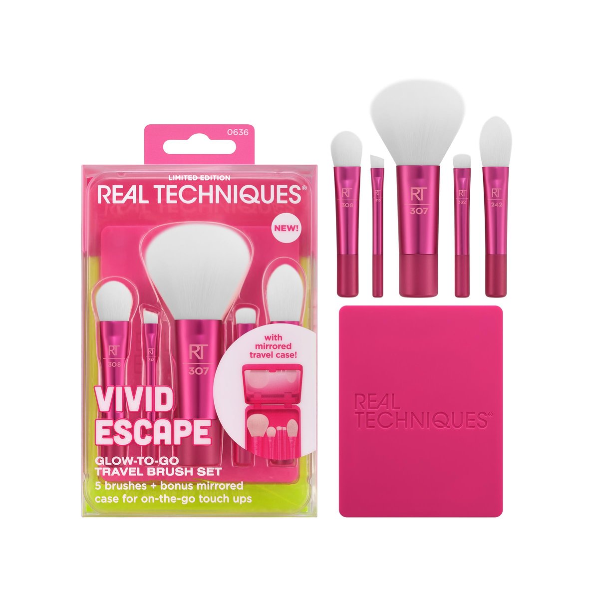 Real Techniques Vivid Escape Glow-To-Go Travel Makeup Brush 6 Piece Set, Mini Size Makeup Brushes for Eyeshadow, Concealer, Contour, & Blush, Includes Mirror Cosmetic Case, Cruelty-Free & Vegan - görsel 1