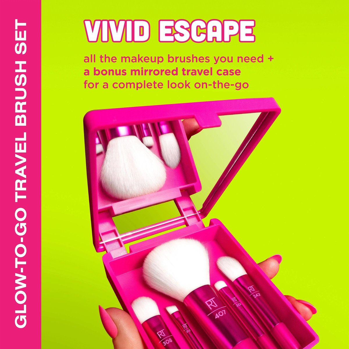 Real Techniques Vivid Escape Glow-To-Go Travel Makeup Brush 6 Piece Set, Mini Size Makeup Brushes for Eyeshadow, Concealer, Contour, & Blush, Includes Mirror Cosmetic Case, Cruelty-Free & Vegan - görsel 3