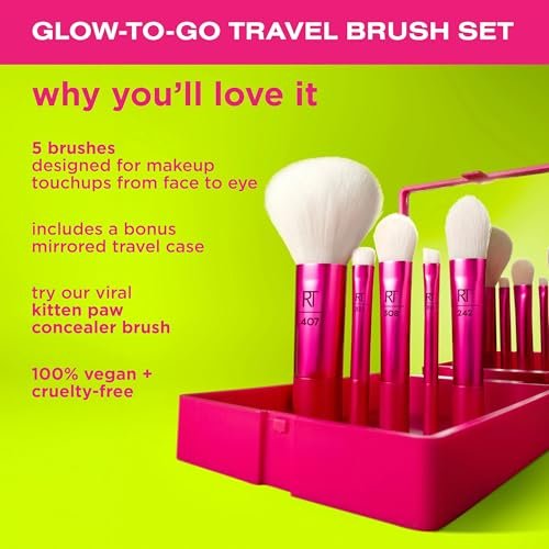 Real Techniques Vivid Escape Glow-To-Go Travel Makeup Brush 6 Piece Set, Mini Size Makeup Brushes for Eyeshadow, Concealer, Contour, & Blush, Includes Mirror Cosmetic Case, Cruelty-Free & Vegan - görsel 6