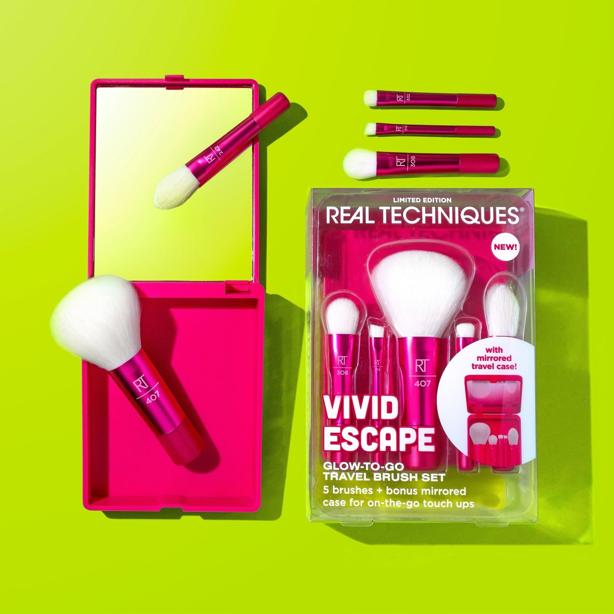 Real Techniques Vivid Escape Glow-To-Go Travel Makeup Brush 6 Piece Set, Mini Size Makeup Brushes for Eyeshadow, Concealer, Contour, & Blush, Includes Mirror Cosmetic Case, Cruelty-Free & Vegan - görsel 9