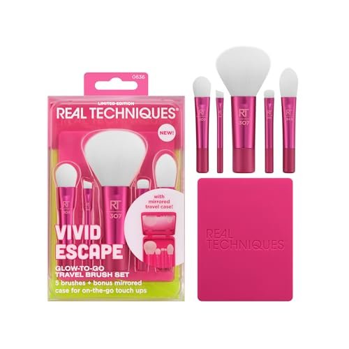 Real Techniques Vivid Escape Glow-To-Go Travel Makeup Brush 6 Piece Set, Mini Size Makeup Brushes for Eyeshadow, Concealer, Contour, & Blush, Includes Mirror Cosmetic Case, Cruelty-Free & Vegan - görsel 2
