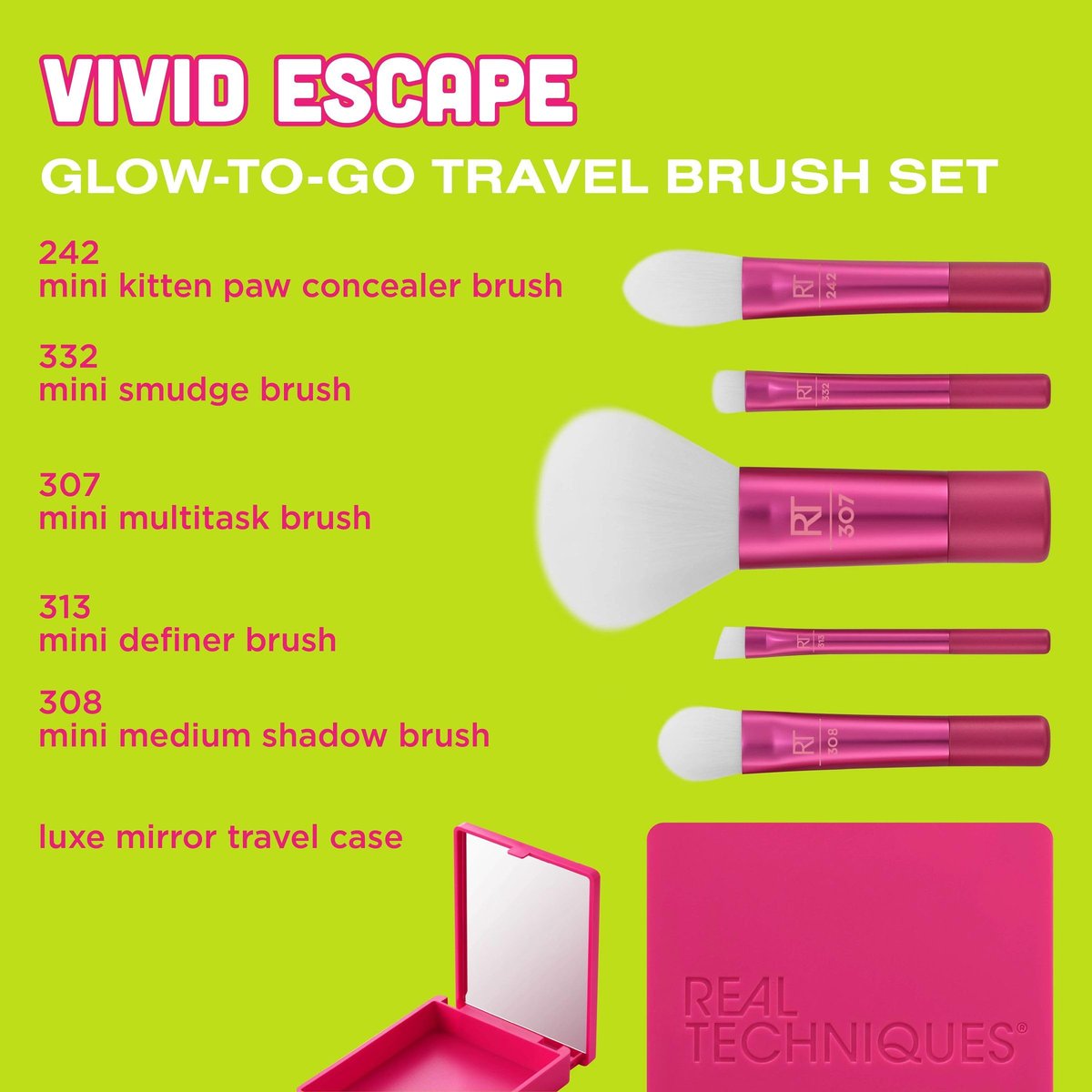 Real Techniques Vivid Escape Glow-To-Go Travel Makeup Brush 6 Piece Set, Mini Size Makeup Brushes for Eyeshadow, Concealer, Contour, & Blush, Includes Mirror Cosmetic Case, Cruelty-Free & Vegan - görsel 7