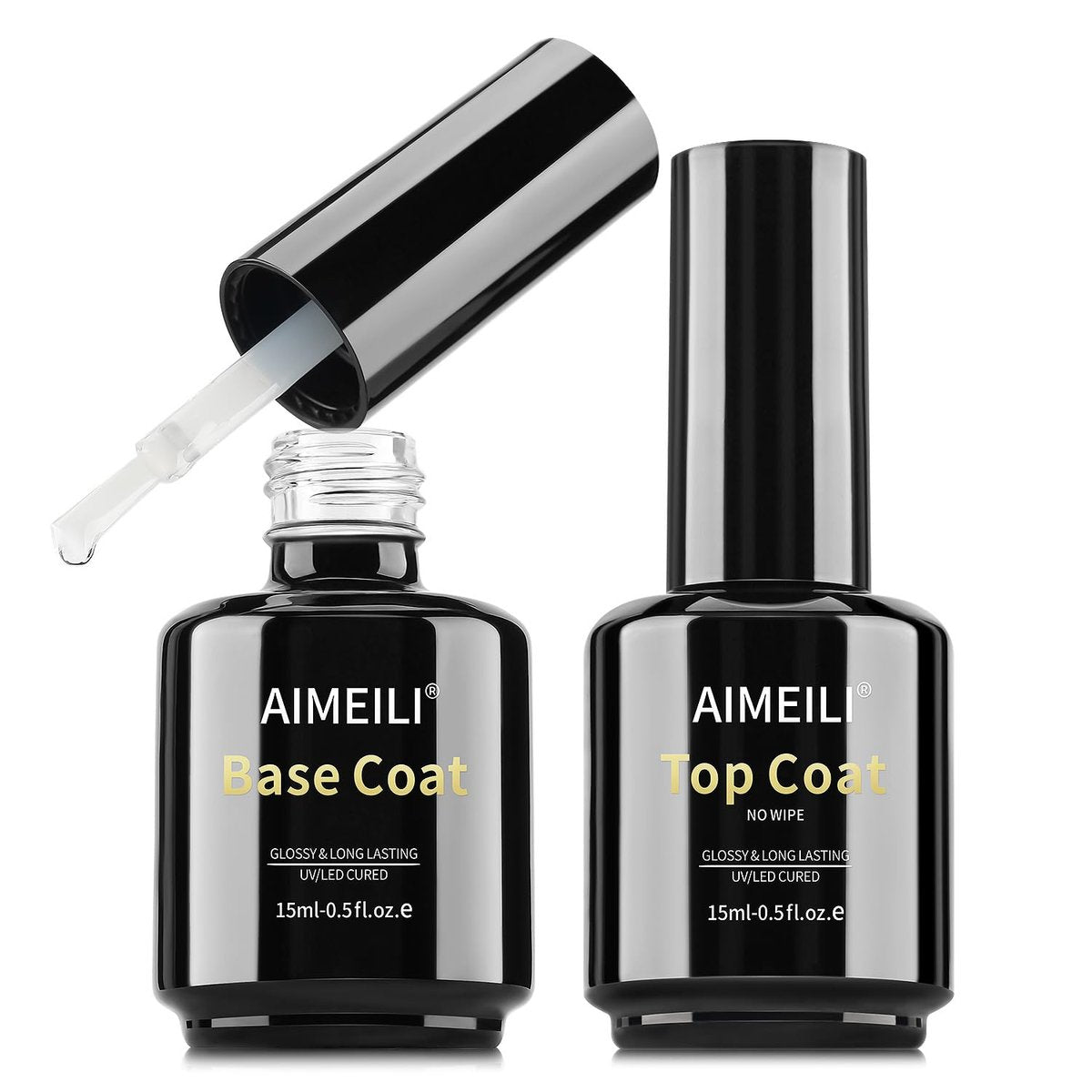 AIMEILI Hema Free No Wipe Top and Base Coat Set for Gel Nails - 2 x 15ml, High Gloss, Long Lasting, Vegan & Cruelty Free - görsel 1