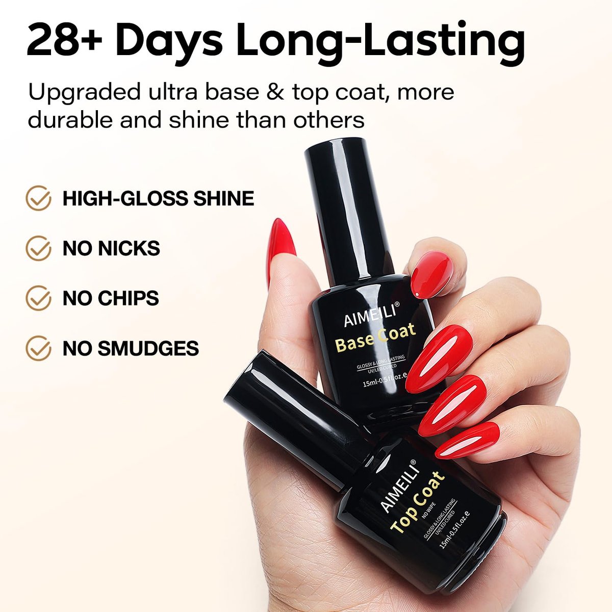 AIMEILI Hema Free No Wipe Top and Base Coat Set for Gel Nails - 2 x 15ml, High Gloss, Long Lasting, Vegan & Cruelty Free - görsel 3