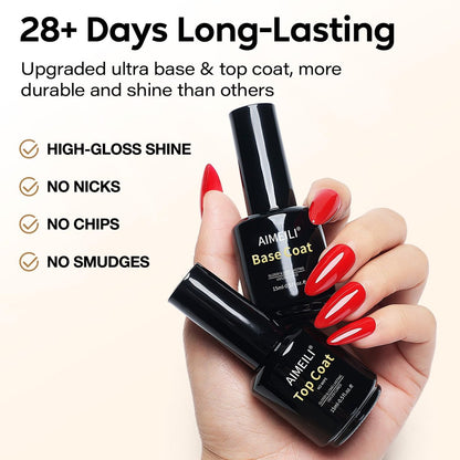 AIMEILI Hema Free No Wipe Top and Base Coat Set for Gel Nails - 2 x 15ml, High Gloss, Long Lasting, Vegan & Cruelty Free