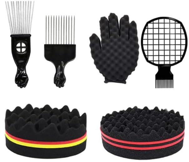 KHQBG Hair Sponge Set for Afro Curls – 6-Piece Styling Kit with Brush, Magic Glove, Metal Pick Comb, and Twist Comb - görsel 1