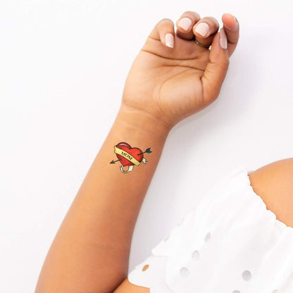 Mom Heart Temporary Tattoo - Pack of 10 Traditional Style Removable Tattoos for Mother's Day