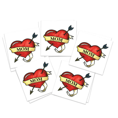 Mom Heart Temporary Tattoo - Pack of 10 Traditional Style Removable Tattoos for Mother's Day