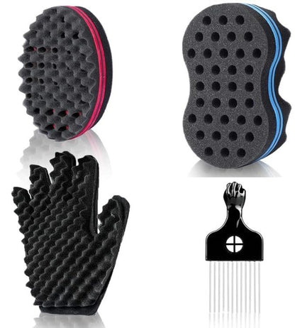 KHQBG Magic Twist Hair Sponges Set - Big Holes Sponge Brush for Curls, Curling Sponge Glove for Men & Women with Metal Afro Pick (6.7 inch)