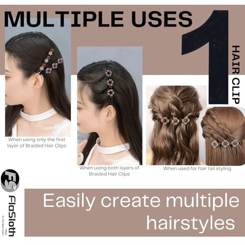 FlaSloth 7-Pack Crystal Stone Braided Hair Clips - Double-Layer Star & Flower Rhinestone Duckbill Clips for Women and Girls - Non-Slip Sparkling Hair Accessories - görsel 4