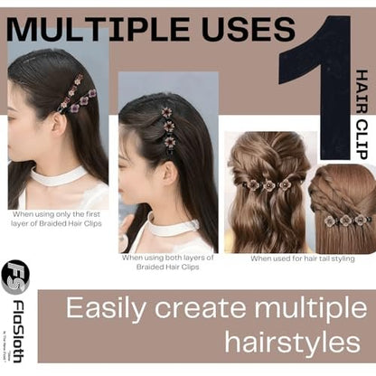 FlaSloth 7-Pack Crystal Stone Braided Hair Clips - Double-Layer Star & Flower Rhinestone Duckbill Clips for Women and Girls - Non-Slip Sparkling Hair Accessories