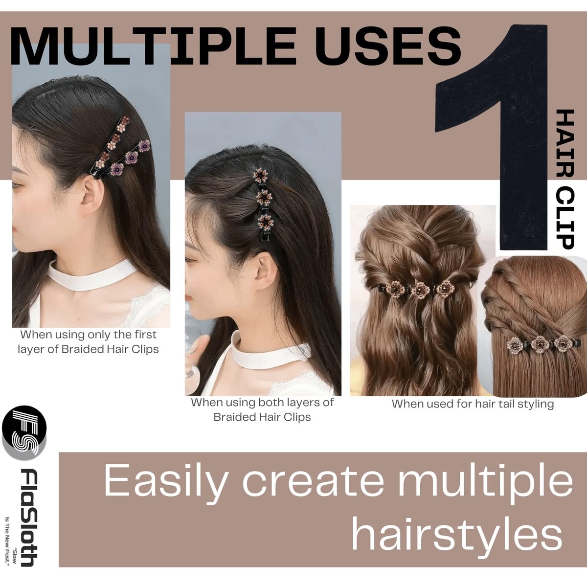 FlaSloth 7-Pack Crystal Stone Braided Hair Clips - Double-Layer Star & Flower Rhinestone Duckbill Clips for Women and Girls - Non-Slip Sparkling Hair Accessories - görsel 3