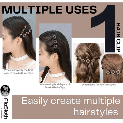 FlaSloth 7-Pack Crystal Stone Braided Hair Clips - Double-Layer Star & Flower Rhinestone Duckbill Clips for Women and Girls - Non-Slip Sparkling Hair Accessories