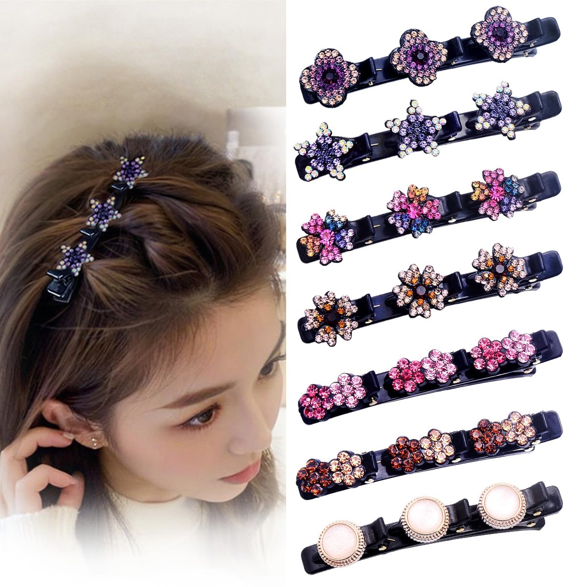 FlaSloth 7-Pack Crystal Stone Braided Hair Clips - Double-Layer Star & Flower Rhinestone Duckbill Clips for Women and Girls - Non-Slip Sparkling Hair Accessories - görsel 1