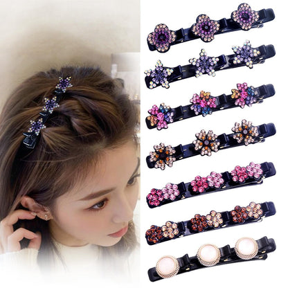 FlaSloth 7-Pack Crystal Stone Braided Hair Clips - Double-Layer Star & Flower Rhinestone Duckbill Clips for Women and Girls - Non-Slip Sparkling Hair Accessories