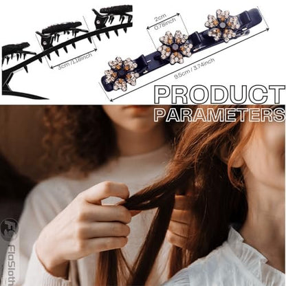 FlaSloth 7-Pack Crystal Stone Braided Hair Clips - Double-Layer Star & Flower Rhinestone Duckbill Clips for Women and Girls - Non-Slip Sparkling Hair Accessories
