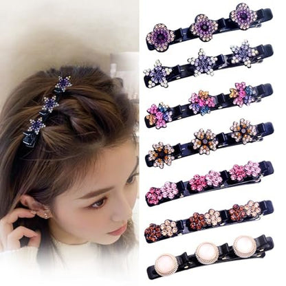 FlaSloth 7-Pack Crystal Stone Braided Hair Clips - Double-Layer Star & Flower Rhinestone Duckbill Clips for Women and Girls - Non-Slip Sparkling Hair Accessories