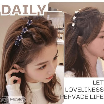 FlaSloth 7-Pack Crystal Stone Braided Hair Clips - Double-Layer Star & Flower Rhinestone Duckbill Clips for Women and Girls - Non-Slip Sparkling Hair Accessories