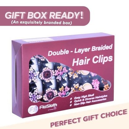FlaSloth 7-Pack Crystal Stone Braided Hair Clips - Double-Layer Star & Flower Rhinestone Duckbill Clips for Women and Girls - Non-Slip Sparkling Hair Accessories