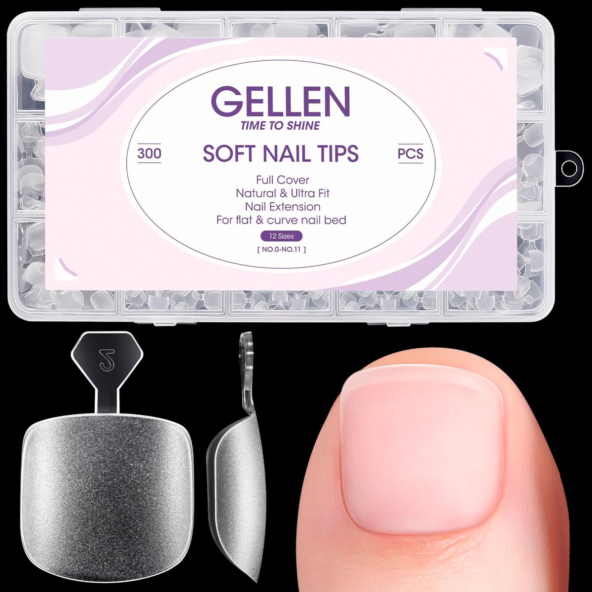 Gellen Press On Toenails 300PCS Short Square Toe Nail Tips Full Cover Matte Soft Gel Fake Toenails, 12 Sizes Clear Toe Nail Extensions with Easy Handle for Pedicure DIY Home Nail Salon Avelisse