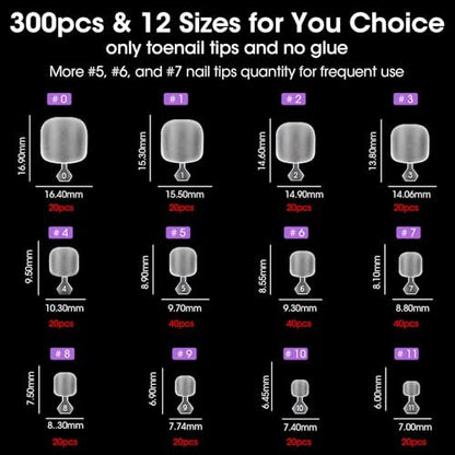 Gellen Press On Toenails 300PCS Short Square Toe Nail Tips Full Cover Matte Soft Gel Fake Toenails, 12 Sizes Clear Toe Nail Extensions with Easy Handle for Pedicure DIY Home Nail Salon Avelisse