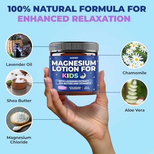 MONIER Magnesium Lotion for Kids - Relaxing Magnesium Cream with Lavender, Shea Butter, Aloe Vera - 100% Natural Ingredients (4 oz, Unscented) Avelisse